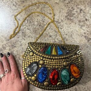 Gold Beaded Women's Bag with Multicolor Accents